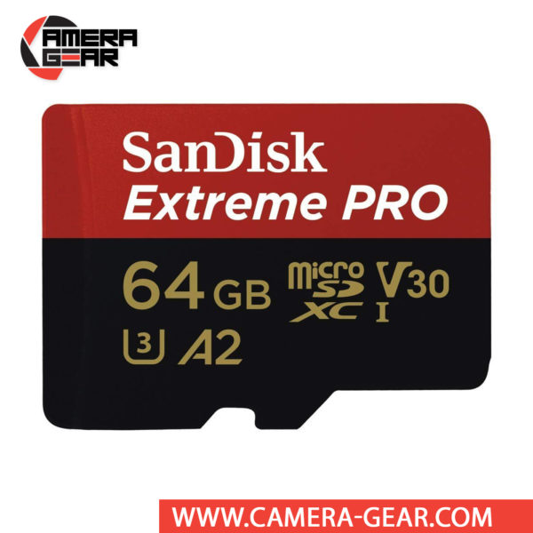SanDisk 64GB Extreme Pro UHS-I microSDXC Memory Card with SD Adapter is Sandisk's top-of-the-line micro SD card. It is labeled both with V30 for 4K video recording and A2 rating for app speed.