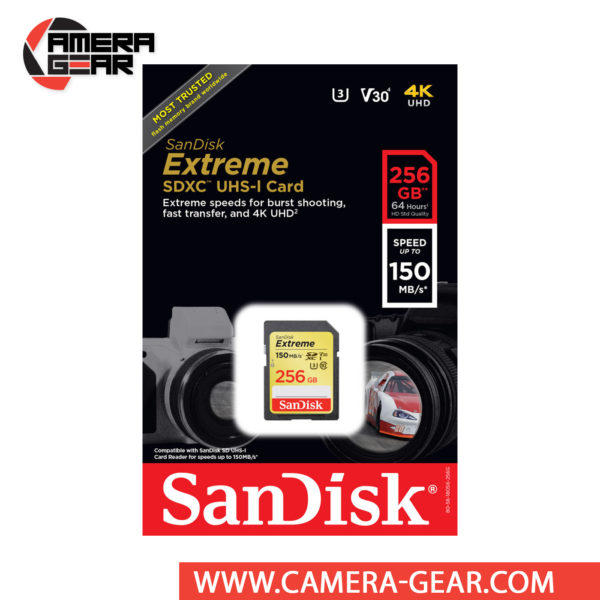 SanDisk 256GB Extreme UHS-I SDXC Memory Card is one of the most powerful SD UHS-I memory cards on the market. With shot speeds of up to 70MB/s and UHS speed Class 3 (U3) recording, you’re ready to capture stunning high-resolution, 4K UHD video