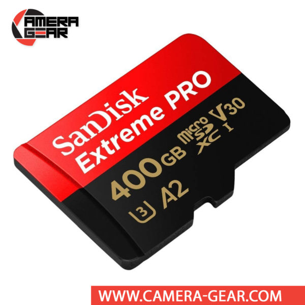 SanDisk 400GB Extreme Pro UHS-I microSDXC Memory Card with SD Adapter is Sandisk's top-of-the-line micro SD card. It is labeled both with V30 for 4K video recording and A2 rating for app speed.