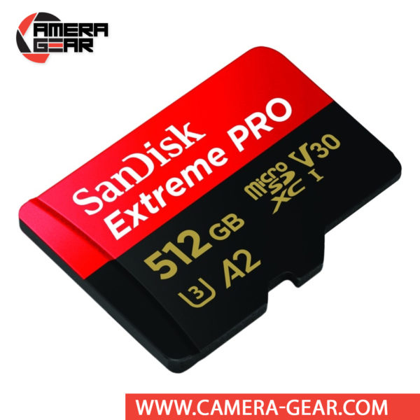 SanDisk 512GB Extreme Pro UHS-I microSDXC Memory Card with SD Adapter is Sandisk's top-of-the-line micro SD card. It is labeled both with V30 for 4K video recording and A2 rating for app speed