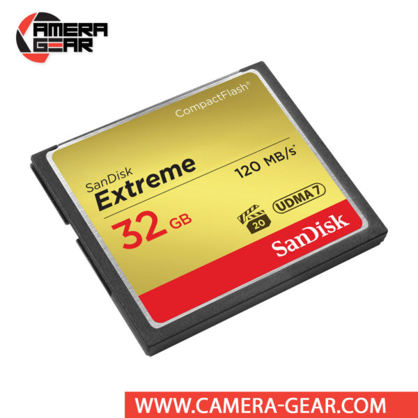 SanDisk 32GB Extreme CompactFlash Memory Card provides a combination of performance, reliability and value. Its provides up to 120MB/s read speed and up to 85MB/s write speed including UDMA-7 support