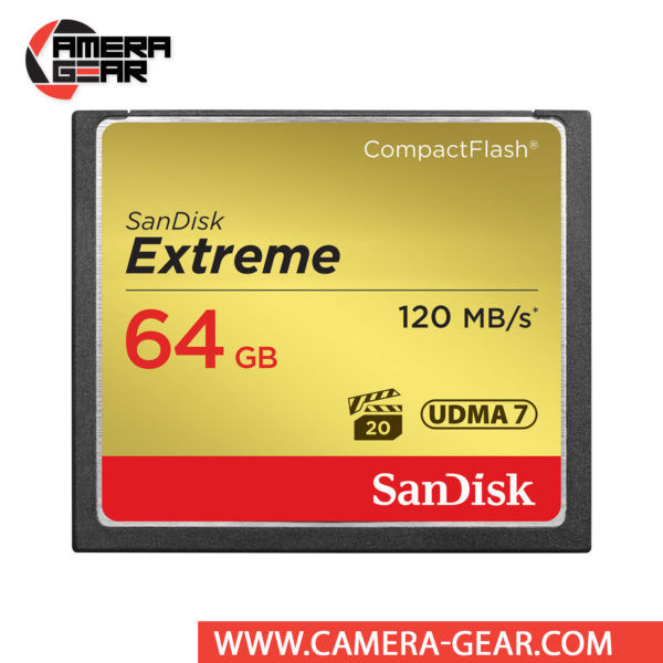 SanDisk 64GB Extreme CompactFlash Memory Card provides a combination of performance, reliability and value. Its provides up to 120MB/s read speed and up to 85MB/s write speed including UDMA-7 support