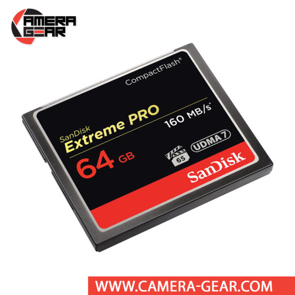 SanDisk 64GB Extreme Pro CompactFlash Memory Card is the highest performance option in the SanDisk CompactFlash card line. It provides up to 160MB/s read speed and up to 150MB/s write speed including UDMA-7 support