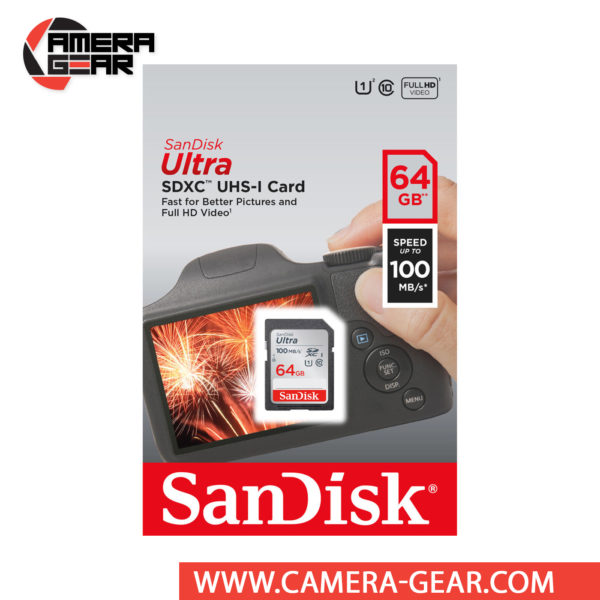 SanDisk 64GB Ultra SDXC UHS-I Memory Card is great for capturing high resolution photos and full HD videos. Sandisk Ultra 64GB SDXC card is Class 10 compliant and features enhanced data read speeds of up to 100 MB/s