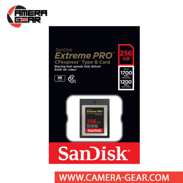 SanDisk 256GB Extreme PRO CFexpress Card Type B is designed to deliver speeds necessary for working with smooth, raw 4K video captures. Sandisk's Extreme Pro CFexpress card set a new benchmark in memory card performance.