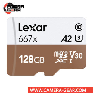 Lexar 128GB Professional 667x UHS-I microSDXC Memory Card with SD Adapter is designed to provide plenty of storage for tablets and mobile phones, capturing fast-action photos and videos with action cameras, and recording 4K UHD video with drones. This card has also been designed with the V30 Video Speed Class rating, which guarantees minimum write speeds of at least 30 MB/s. All of this allows for users to immerse themselves in extreme sports videography and photography in 4K, Full HD, and 3D.
