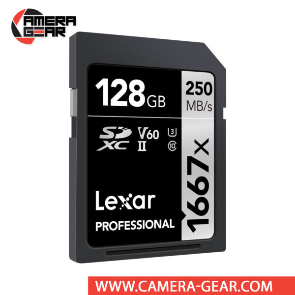 Lexar 128GB Professional 1667x UHS-II SDXC Memory Card delivers maximum performance to improve shooting and workflow. The card is rated at 250MB/s read speed and 90MB/s write speed. Thanks to its V60 speed class rating, minimum write speeds are guaranteed not to drop below 60 MB/s. To reach these speeds the card uses the UHS-II interface. The card is backward compatible and will operate in standard SD and UHS-I devices