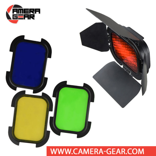 Godox BD-07 Barndoor Kit with 4 Color Gels for AD200 attaches directly to the front of the flash head of AD200 or AD200 Pro. The kit consists of 4 way leafs barndoors, honeycomb grid and 4 color gel filters.