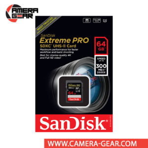 SanDisk 64GB Extreme PRO UHS-II SDXC Memory Card delivers maximum performance to improve shooting and workflow. The card is rated at 300MB/s read speed and 260MB/s write speed. To reach these speeds the card uses the UHS-II interface. The card is backward compatible and will operate in standard SD and UHS-I devices