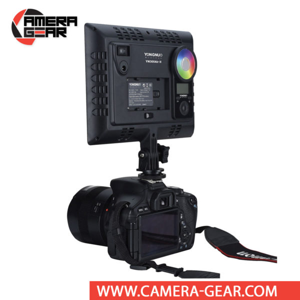 Yongnuo YN300 Air II On Camera LED Light is a professional LED light for both photo and video work. It features both 3200K and 5600K LED bulbs, as well as RGB bulbs. The RGB color can be adjusted via touch panel of remote control