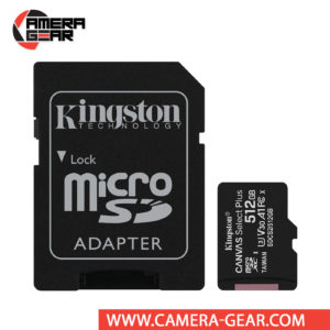Kingston 512GB Canvas Select Plus UHS-I microSDXC Memory Card with SD Adapter offers improved speed and capacity for loading apps faster and capturing images and videos
