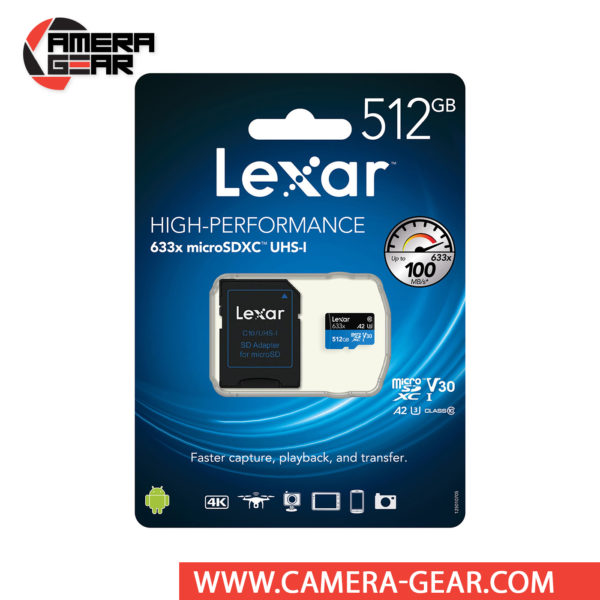Lexar 512GB UHS-I microSDXC High-Performance Memory Card with SD Adapter is designed to provide plenty of storage for tablets, mobile phones, capturing fast-action photos with action cameras, and recording 4K UHD video with drones. This card has also been designed with the V30 Video Speed Class rating, which guarantees minimum write speeds of at least 30 MB/s. All of this allows for users to immerse themselves in extreme sports videography and photography in 4K, Full HD, and 3D.