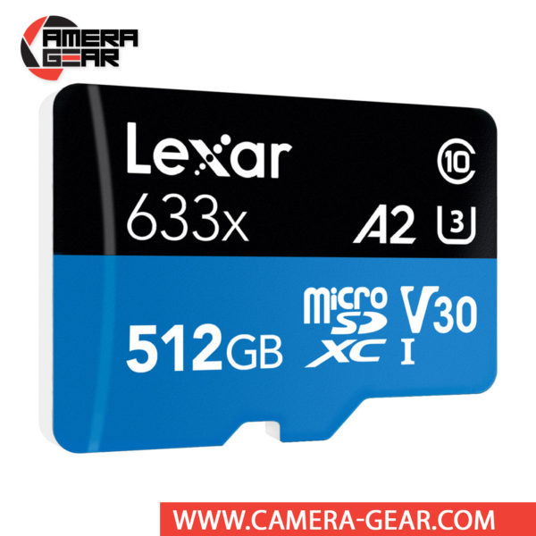 Lexar 512GB UHS-I microSDXC High-Performance Memory Card with SD Adapter is designed to provide plenty of storage for tablets, mobile phones, capturing fast-action photos with action cameras, and recording 4K UHD video with drones. This card has also been designed with the V30 Video Speed Class rating, which guarantees minimum write speeds of at least 30 MB/s. All of this allows for users to immerse themselves in extreme sports videography and photography in 4K, Full HD, and 3D.