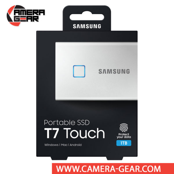 Samsung 1TB T7 Touch Portable SSD in silver color is a compact and secure storage solution that fits in the palm of your hand. Roughly the size of a few stacked credit cards, the T7 Touch is equipped 256-bit AES encryption, a fingerprint reader, and password protection