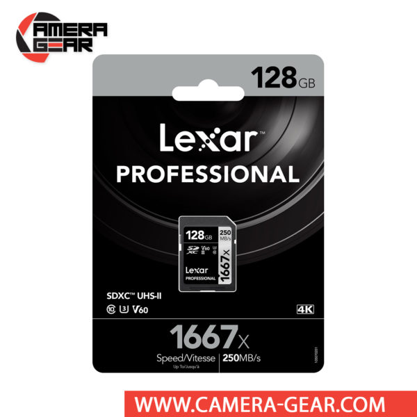 Lexar 128GB Professional 1667x UHS-II SDXC Memory Card delivers maximum performance to improve shooting and workflow. The card is rated at 250MB/s read speed and 90MB/s write speed. Thanks to its V60 speed class rating, minimum write speeds are guaranteed not to drop below 60 MB/s. To reach these speeds the card uses the UHS-II interface. The card is backward compatible and will operate in standard SD and UHS-I devices