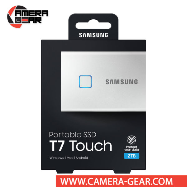 Samsung 2TB T7 Touch Portable SSD in silver color is a compact and secure storage solution that fits in the palm of your hand. Roughly the size of a few stacked credit cards, the T7 Touch is equipped 256-bit AES encryption, a fingerprint reader, and password protection