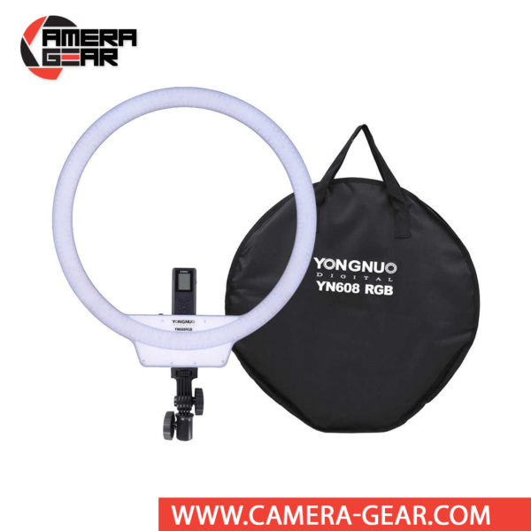 Yongnuo YN608 RGB 5500K LED Wireless Ring Light is another amazing product in a long line of high quality photo and video products at a competitive price point. YN608 RGB LED ring light features a distinctive-shaped light fixture with a daylight color temperature output employing 304 5500K LEDs. It also has 80 SMD RGB LEDs for fine tuning and creating just about any color you want