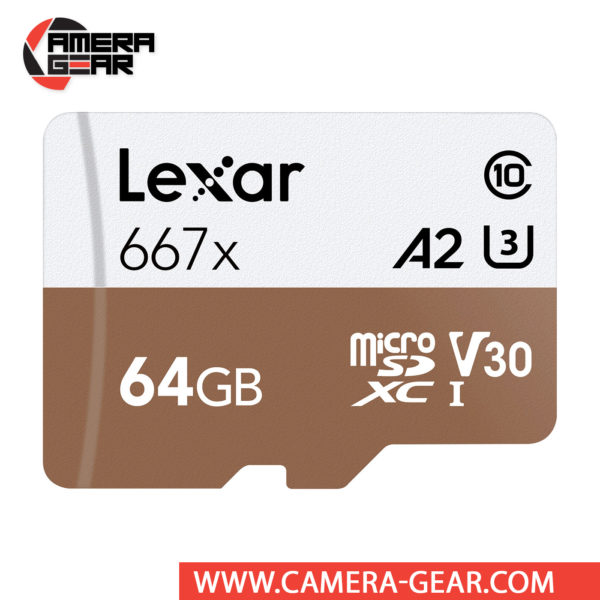 Lexar 64GB Professional 667x UHS-I microSDXC Memory Card with SD Adapter is designed to provide plenty of storage for tablets and mobile phones, capturing fast-action photos and videos with action cameras, and recording 4K UHD video with drones. This card has also been designed with the V30 Video Speed Class rating, which guarantees minimum write speeds of at least 30 MB/s. All of this allows for users to immerse themselves in extreme sports videography and photography in 4K, Full HD, and 3D.