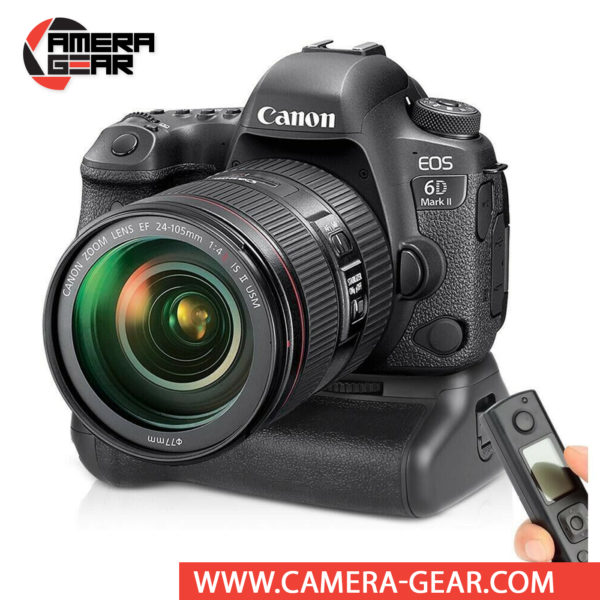 Battery Grip for Canon 6D Mark II, Meike MK-6D2 Pro offers both extended battery life and a more comfortable grip when shooting in the vertical orientation. The grip accepts two LP-E6 / LP-E6N batteries to effectively double the battery life for long shooting sessions. Wireless remote control included