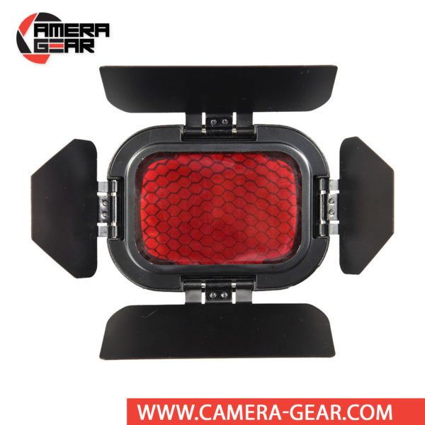 Godox BD-07 Barndoor Kit with 4 Color Gels for AD200 attaches directly to the front of the flash head of AD200 or AD200 Pro. The kit consists of 4 way leafs barndoors, honeycomb grid and 4 color gel filters.