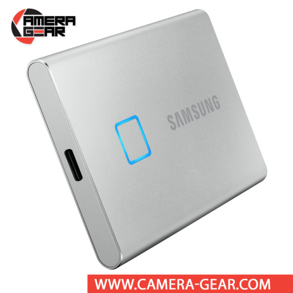 Samsung 1TB T7 Touch Portable SSD in silver color is a compact and secure storage solution that fits in the palm of your hand. Roughly the size of a few stacked credit cards, the T7 Touch is equipped 256-bit AES encryption, a fingerprint reader, and password protection