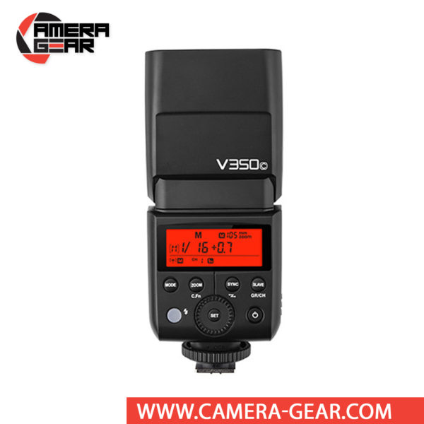 Godox V350C is a compact speedlite with advanced functions including TTL, high-speed sync, a built-in 2.4 GHz radio system, and a rechargeable lithium-ion battery capable of 500 full power flashes