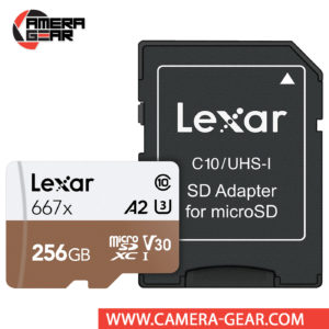 Lexar 256GB Professional 667x UHS-I microSDXC Memory Card with SD Adapter is designed to provide plenty of storage for tablets and mobile phones, capturing fast-action photos and videos with action cameras, and recording 4K UHD video with drones. This card has also been designed with the V30 Video Speed Class rating, which guarantees minimum write speeds of at least 30 MB/s. All of this allows for users to immerse themselves in extreme sports videography and photography in 4K, Full HD, and 3D.