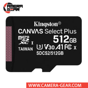 Kingston 512GB Canvas Select Plus UHS-I microSDXC Memory Card with SD Adapter offers improved speed and capacity for loading apps faster and capturing images and videos