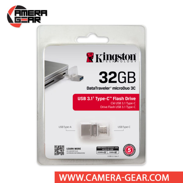 Kingston 32GB DataTraveler microDuo 3C supports data read speeds of up to 100 MB/s and data write speeds of up to 15 MB/s. This USB flash drive features two connectors, one standard USB and one USB Type-C connector.