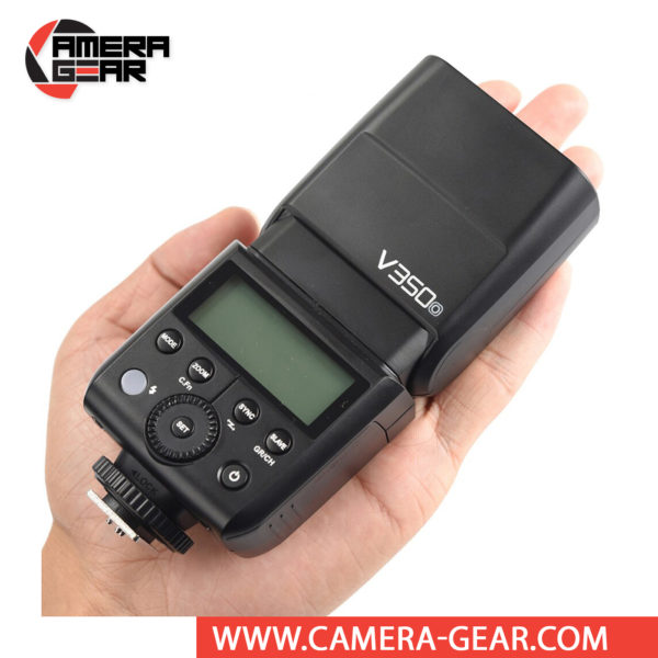 Godox V350O is a compact speedlite with advanced functions including TTL, high-speed sync, a built-in 2.4 GHz radio system, and a rechargeable lithium-ion battery capable of 500 full power flashes