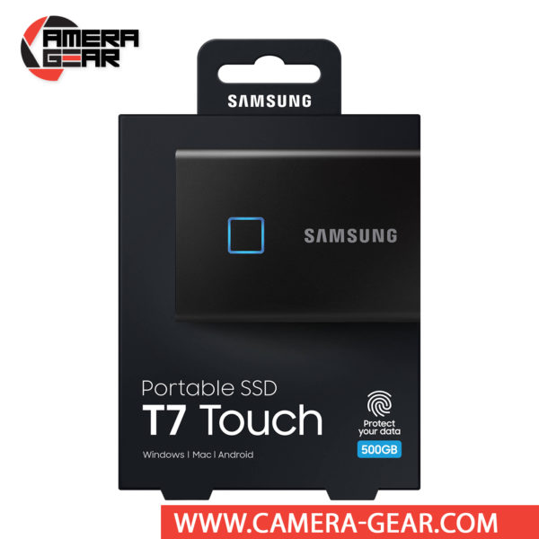Samsung 500GB T7 Touch Portable SSD is a compact and secure storage solution that fits in the palm of your hand. Roughly the size of a few stacked credit cards, the T7 Touch is equipped 256-bit AES encryption, a fingerprint reader, and password protection