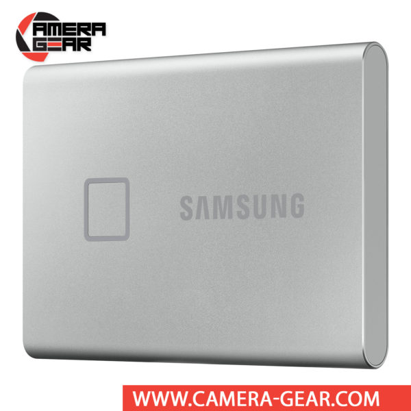 Samsung 500GB T7 Touch Portable SSD in silver color is a compact and secure storage solution that fits in the palm of your hand. Roughly the size of a few stacked credit cards, the T7 Touch is equipped 256-bit AES encryption, a fingerprint reader, and password protection