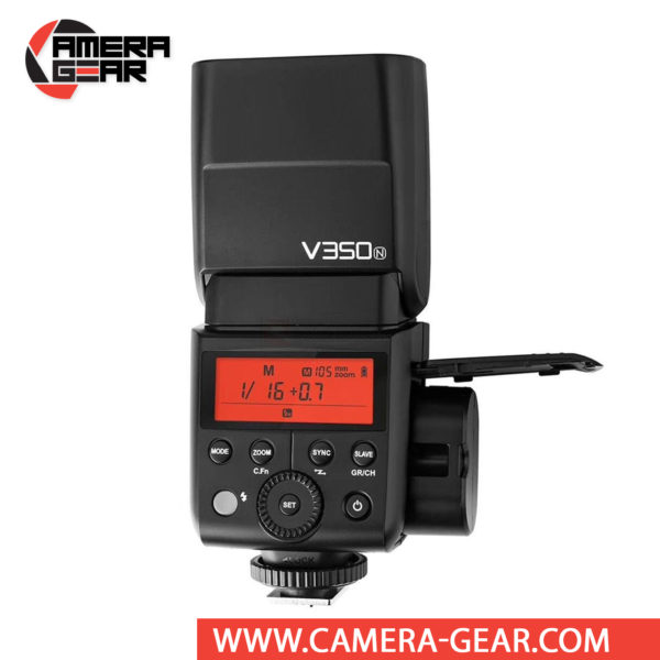 Godox V350N is a compact speedlite with advanced functions including TTL, high-speed sync, a built-in 2.4 GHz radio system, and a rechargeable lithium-ion battery capable of 500 full power flashes. V350N is a perfect on-camera flash for any photographer who prefer smaller yet powerful flash