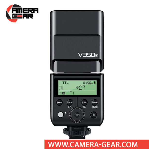 Godox V350F is a compact speedlite with advanced functions including TTL, high-speed sync, a built-in 2.4 GHz radio system, and a rechargeable lithium-ion battery capable of 500 full power flashes