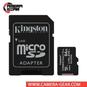 Kingston 64GB Canvas Select Plus UHS-I microSDXC Memory Card with SD Adapter offers improved speed and capacity for loading apps faster and capturing images and videos