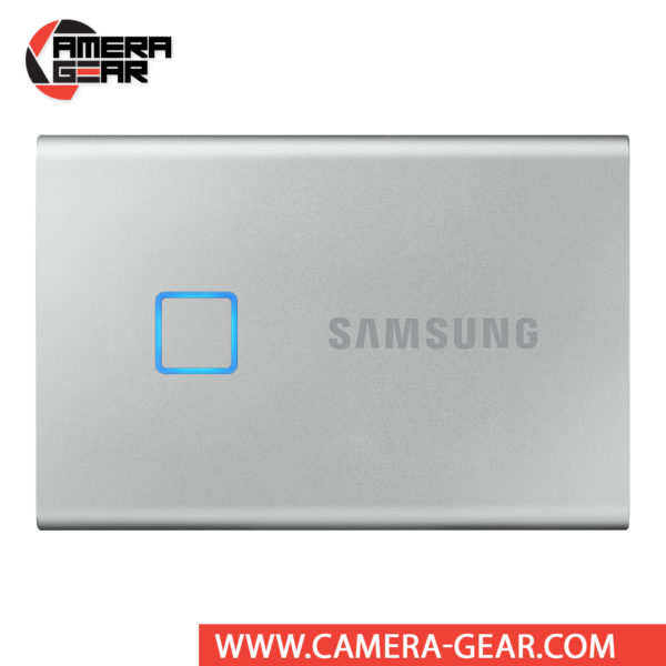 Samsung 500GB T7 Touch Portable SSD in silver color is a compact and secure storage solution that fits in the palm of your hand. Roughly the size of a few stacked credit cards, the T7 Touch is equipped 256-bit AES encryption, a fingerprint reader, and password protection