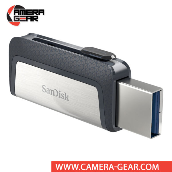 SanDisk 256GB Ultra Dual Drive USB Type-C Flash Drive supports data read speeds of up to 150 MB/s and features two connectors, one standard USB and one USB Type-C connector.