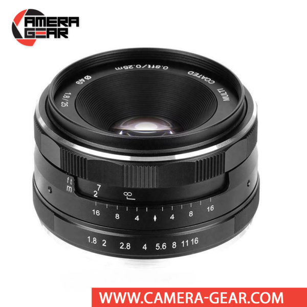 Meike 25mm f/1.8 Lens for Fuji X Mount Cameras is a versatile lens, suitable for a range of subjects from portraits to landscapes. It is a manual focusing wide-angle photographic lens designed for APS-C Fuji mirrorless cameras.