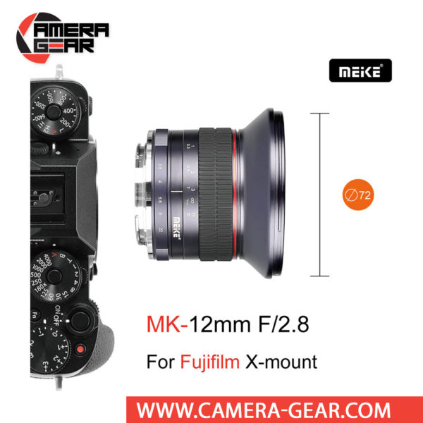 Meike 12mm f/2.8 Lens for Fuji X Mount Cameras is a manual focusing wide-angle lens designed for APS-C mirrorless cameras. The lens features a bright f/2.8 maximum aperture to balance low-light performance with a compact form factor.